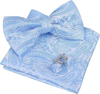 Alizeal Mens Classic Paisley Jacquard Bow Tie, Hanky and Cufflinks Set, Light Blue