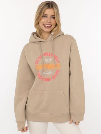 Zwillingsherz Hoodie ZWILLINGSHERZ Good Vibes, Damen, Gr. L/XL, greige, Sweatware, Obermaterial: 50% Baumwolle, 50% Polyester, normal h&uuml;ftbedeckend, V-Ausschnitt, S