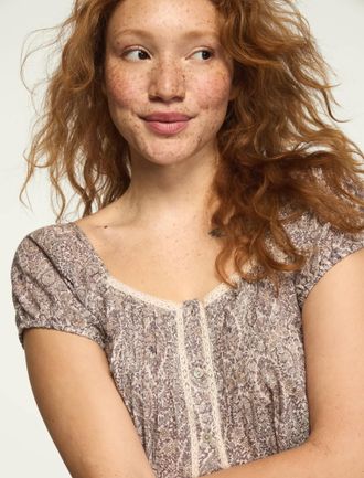 Lucky Brand Womens Cap Sleeve Lace Peasant Top