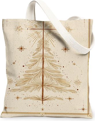 Generic Christmas Tree Canvas Tote Bags, Elegant Holiday Design Reusable Grocery Bags, Vintage Washable Shoulder Strap Canvas for T, Beige, 13x15 Inch