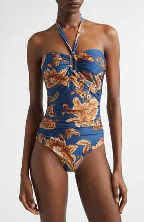 Zimmermann Aster Wide Link One-Piece Halter Swimsuit in Navy Jacobean at Nordstrom, Size 1