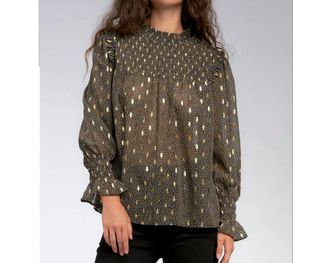 Elan Smocked Top Foiled Blouse In Black/gold