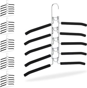 Relaxdays Set 6 Perchas Ahorra Espacio Antideslizantes, Colgador M&uacute;ltiple 5 Prendas, Compacta, 39x40,5x2cm, Plateado Y Negro