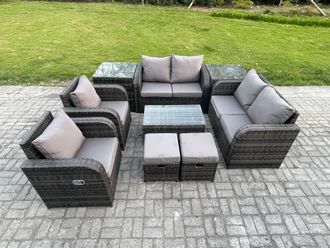 Fimous 8 Seater Rattan Garden Furniture Set Patio Outdoor Lounge Sofa Set with Rectangular Coffee Table 2 Small Footstools Love Sofa 2 Side Tables
