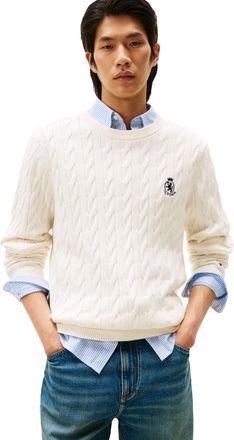 Tommy Hilfiger Mens Crest Cable Knit Crewneck Sweater Lightweight Pullover, Ivory Petal, Medium