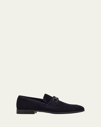 Ferragamo Mens Gancini-Ornament Suede Moccasin Loafers