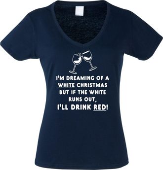Edward Sinclair Im Dreaming of a White Christmas but if The White Runs Out, Ill Drink red Womens Fitted Navy V Neck T-Shirt with White Print