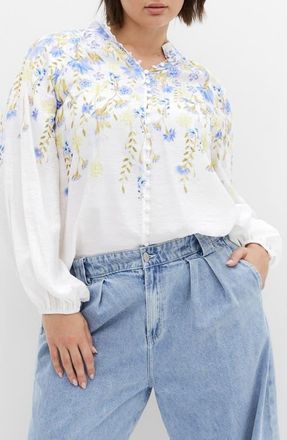 City Chic Lilliana Satin Shirt in Meadow Ivory at Nordstrom, Size Xxl