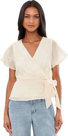 Liverpool L.A. Petite Short Sleeve Wrap Front Woven Top with Tie Womens Clothing Cream : PXS, Polyester