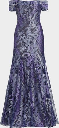 Rene Ruiz Metallic Off-The-Shoulder Mermaid Gown