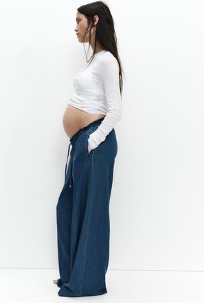 H&M Mama Wide Paper Bag Trousers in Denim Blue at Nordstrom, Size X-Small