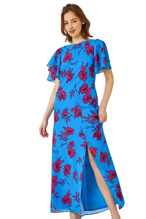 Roman Womens Floral Tiered Sleeve Maxi Dress - Blue - Size 10 UK