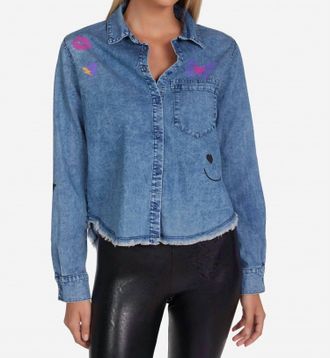 Lauren Moshi Saba Love Collage Button Down Top In Denim