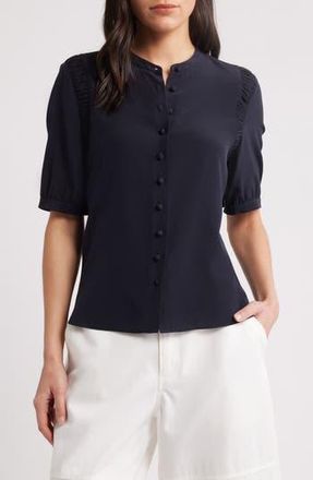 Frame Denim The Silk Gathered Short Sleeve Button-Up Shirt in Navy at Nordstrom Rack, Size Large