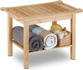 Relaxdays Sgabello, Mobiletto Da Bagno In Bamb&ugrave;, Ripiano, Alzatina, Pouf, In Legno, Hxlxp: 45 X 66 X 40 Cm, Naturale - Relaxdays