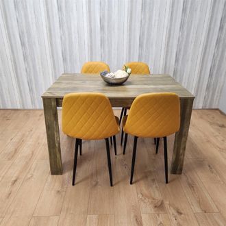 Kosy Koala Rustic Effect Wooden Dining Table Set with 4 Mustard Gem Pattern Chairs Dining Room Furniture in Brown