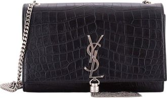 Saint Laurent Black Croc-Embossed Leather Classic Monogram Tassel Crossbody Medium (Authentic Pre-Loved)