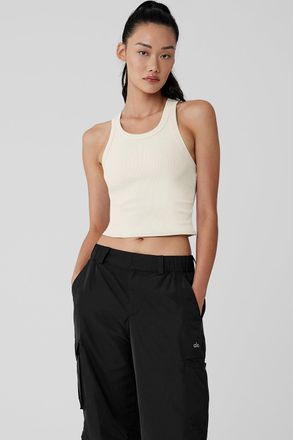 Alo | Goddess Ribbed Go-To Tank Top in Ivory White, Size: Medium