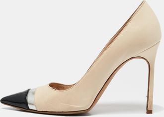 Manolo Blahnik Cream/black Leather Pointed Toe Pumps