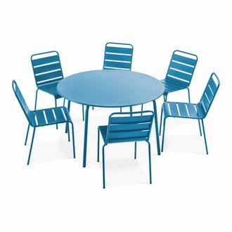 Oviala Mesa redonda de jard&iacute;n y 6 sillas de metal azul pac&iacute;fico