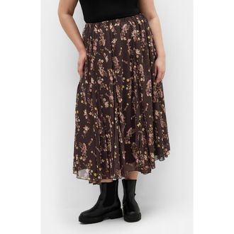 City Chic Serene Print Pleated Maxi Skirt in Cocoa Bloom at Nordstrom