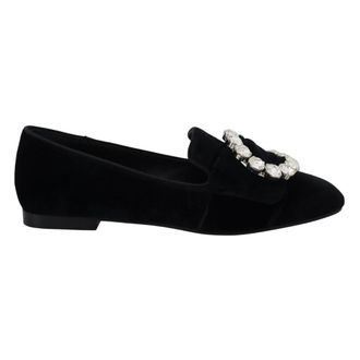 Dolce & Gabbana Chique Fluwelen Loafers met Kristalversieringen - Dames - Loafers - Zwart - 37 1/2 EU - Katoen - Schoenen
