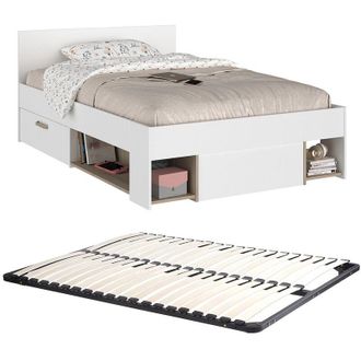 Vente-Unique Letto 120 x 190/200 cm Con vani portaoggetti Bianco e naturale + Rete - KINSELIA