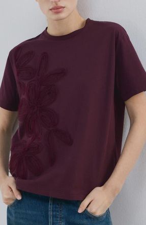 Mango Floral Embroidered Cotton T-Shirt in Wine at Nordstrom, Size Xx-Small