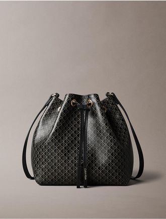 Calvin Klein Womens Emblem Logo Drawstring Bucket Bag - Black