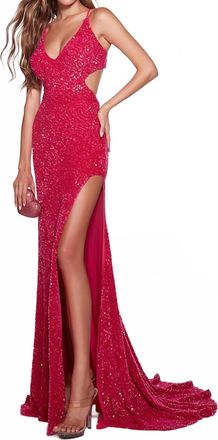 Alyce Paris High-Slit V-Neck Dress In Fuchsia