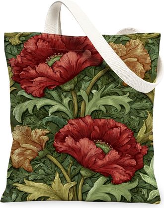 Generic Vintage Floral Canvas Tote Bags, Artistic Flower Pattern Reusable Grocery Bags, Lightweight Washable Shoulder Strap Canvas, Red, 13x15 Inch