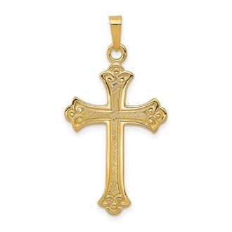 Diamond2Deal 14k Yellow Gold Textured and Polished Fleur de lis Cross Pendant