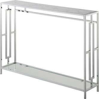 Convenience Concepts Town Square Chrome Console Table with Shelf White Faux Marble/Chrome