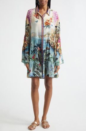 Camilla Bodrum Botanicals Print Long Sleeve Tiered Silk Shirtdress at Nordstrom, Size Medium