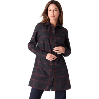 Roaman's Kate Long-Sleeve Crisp Cotton-Blend Button-Front Tunic in Black Windowpane at Nordstrom, Size 42
