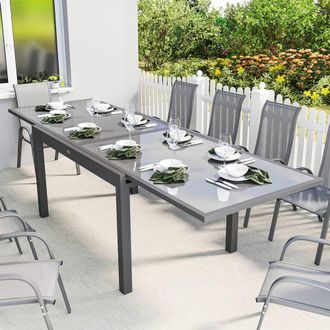 OUTSUNNY Aluminium Extending Garden Table, Glass Top Dining Table, Grey