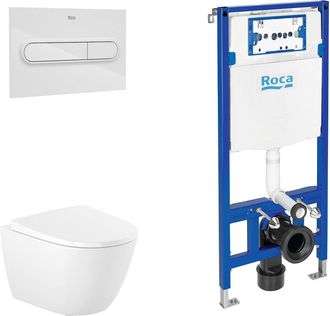 Roca Roca Pack Ona Compacto+duplo Inodoro Suspendido Rimless Pulsador Blanco - Asiento: Caida Amortiguada - Ref: A346688+a801e22001+a890070020+a890195000