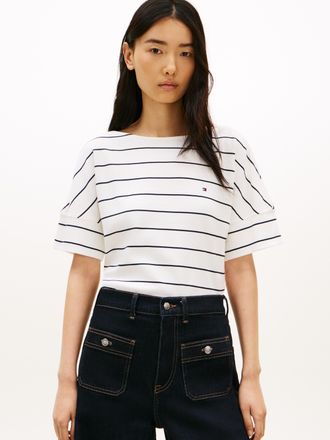Tommy Hilfiger Kurzarmshirt TOMMY HILFIGER MDRN CODY SS SLV C-NK TEE, Damen, Gr. L (42/44), fine stp ecu, schwarz night navy, Single Jersey, Obermaterial: 100% Baumw