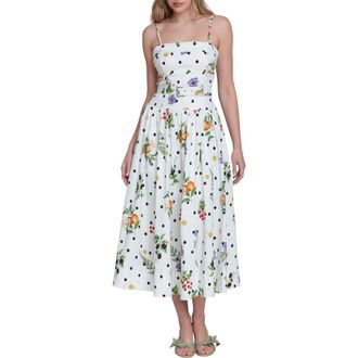 Avec Les Filles Fruit Florals & Polka Dot Belted Drop Waist Midi Dress in White Scattered Bota at Nordstrom, Size 10