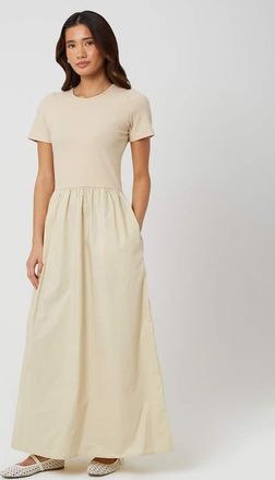 Brave Soul Vestito lungo girocollo in jersey e popeline beige-Neutro