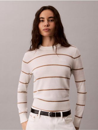 Calvin Klein Womens Extra Fine Merino Blend Striped Sweater - White - XL