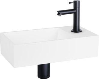 Differnz Solid fonteinset - 36x18.5x9cm - Rechthoek - 1 kraangat - recht zwart matte kraan - Solid surface Wit