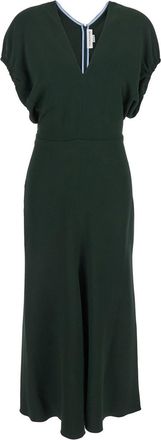 Victoria Beckham Green Midi Dress With Ruched Sleeves And V Neck In Viscose Blend Stretch Woman