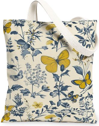 Generic Floral Butterfly Canvas Tote Bags, Elegant Nature Print Reusable Grocery Bags, Vintage Lightweight Washable Shoulder Strap, Yellow, 13x15 Inch