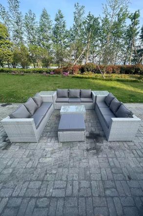 Fimous Light Grey Outdoor Rattan Garden Furniture Set Lounge Sofa Set 2 Coffee Table Big Footstool