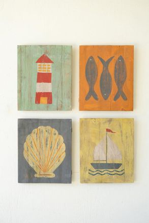 Kalalou Set Of Four Painted Wood Coastal Wall Art