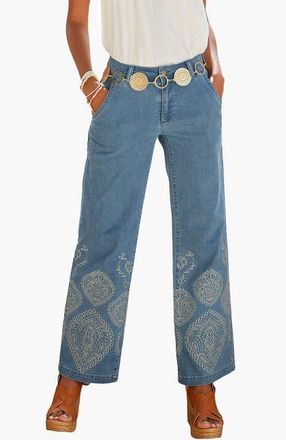Lascana Womens Embroidered Wide Leg Jeans in Denim Blue Printed at Nordstrom, Size 14 30