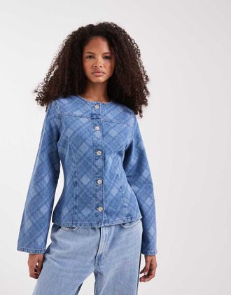 Asos Giacca a maniche lunghe in denim con stampa laser a quadri-Blu