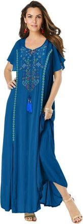 Roaman's Plus Size Flutter Sleeve Hand Crinkled Maxi Dress Curvy A Line in Blue Folk Embroidery at Nordstrom, Size 44