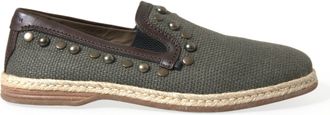 Dolce & Gabbana Gray Linen Leather Studded Loafers Mens Shoes